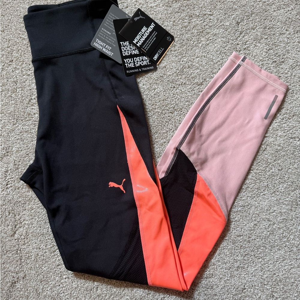 NWT Puma Black and Pink Leggings with Orange Detail Size small sporty athleisure